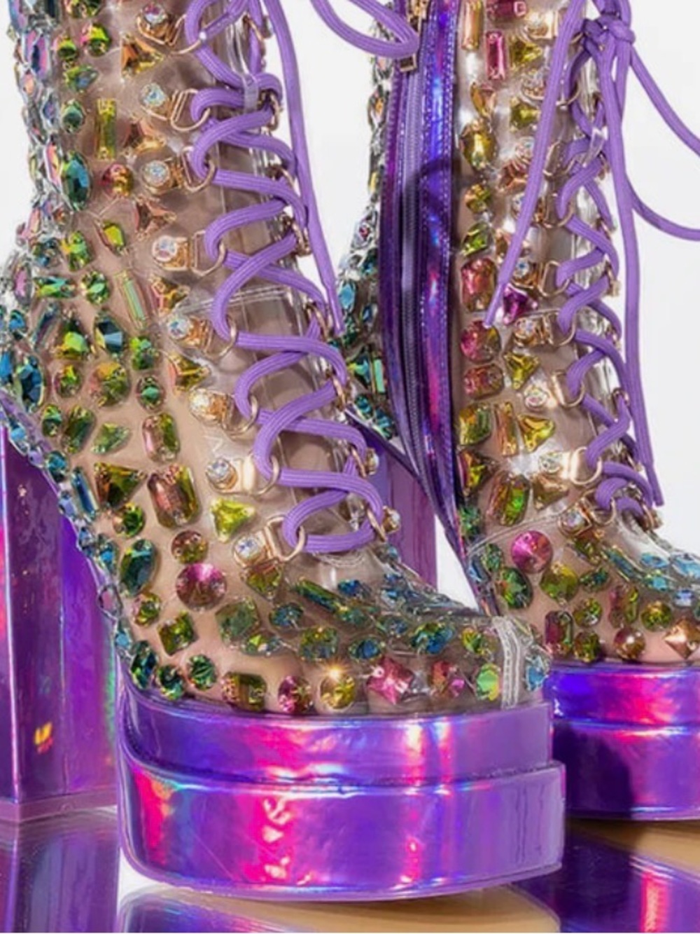 Azalea Wang Iridescent Purple Platform Lace-Up Women's Boots with Multicolor Gem